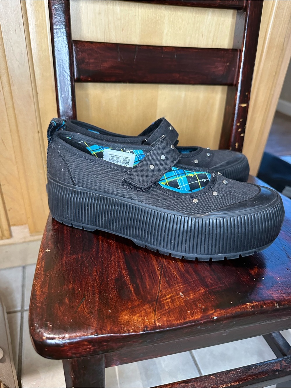 Keds Black Platform Mary Jane Sneakers with Blue Plaid Lining